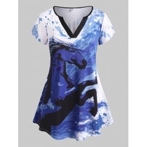 

Plus Size Tie Dye Horse V Notch Short Sleeve T-shirt, Blue