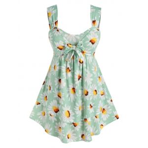 

Plus Size Daisy Print Bowknot Tank Top, Light green