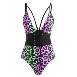 

Leopard Lace-up Strappy One-piece Swimsuit, Black