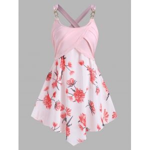 

Chain Panel Floral Pleated Detail Crisscross Back Tunic Top, Light pink