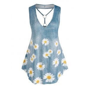 

Plus Size Daisy Print Plunging Neckline O Ring Tank Top, Light blue