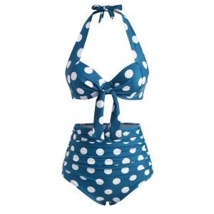 

Halter Polka Dot Underwire Ruched High Waist Bikini Swimwear, Blue