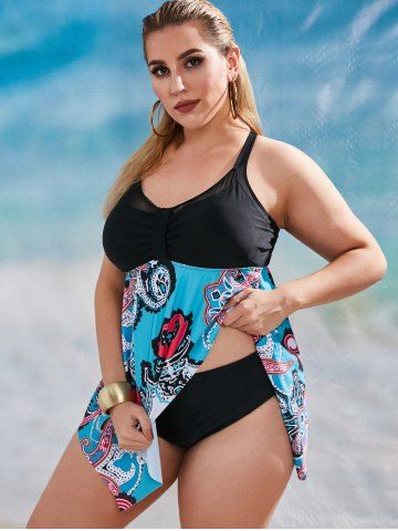 

Plus Size Octopus Print Mesh Panel Handkerchief Tankini Swimwear, Multi