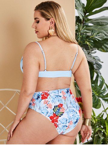 

Plus Size Tropical Print High Waisted Bikini Swimwear, Light blue