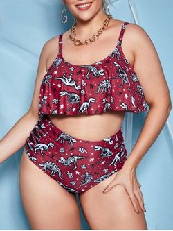 Plus Size Dinosaur Print Mesh Panel Crisscross Bikini Swimwear - DEEP RED - L