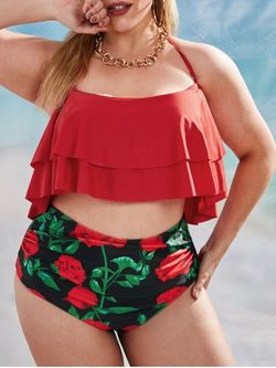 Plus Size Halter Rose Print Layered Flounce Ruched Tummy Control Tankini Swimwear - RED - 1XL