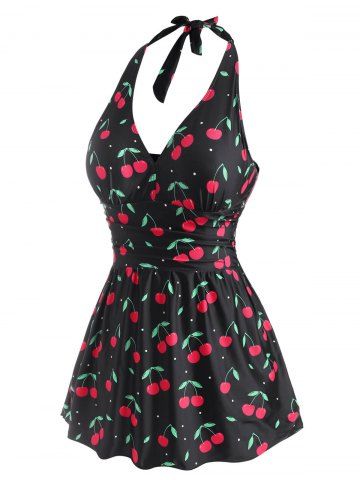 

Plus Size Cherry Print Ruched Skirted Tankini Swimwear, Black