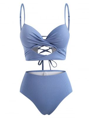 Ribbed Twist Cutout Underwire Tankini Swimwear