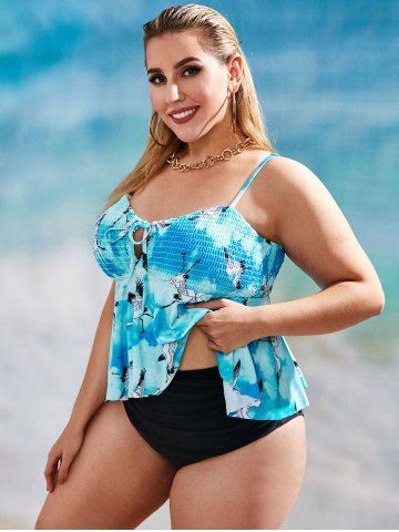 

Plus Size Chinese Crane Print Shirred Detail Ruched Tankini Swimwear, Light blue