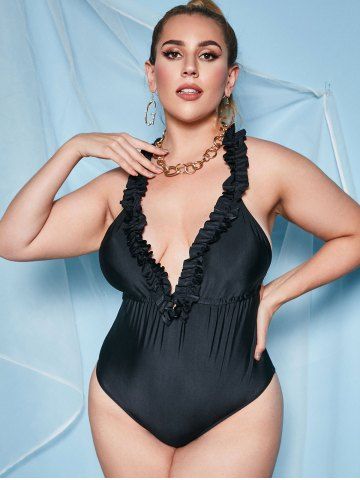 Plus Size 1950s Frilled Open Back Plunge One-piece Swimsuit