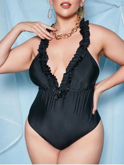 Plus Size 1950s Frilled Open Back Plunge One-piece Swimsuit - BLACK - 2XL