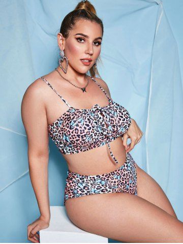 

Plus Size Tie Leopard Butterfly Print Bikini Swimwear, Coffee