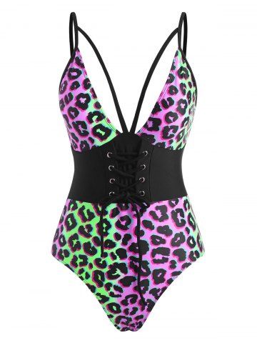 Leopard Lace-up Strappy One-piece Swimsuit - BLACK - S