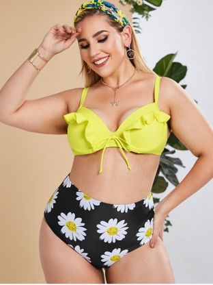 Plus Size Flower Ruffle Tie Underwire High Waisted Bikini Swimwear