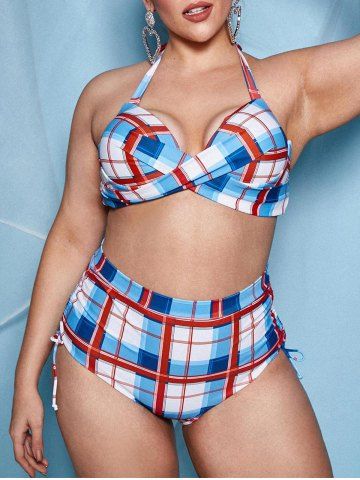 Plus Size 1950s Underwire Cinched Plaid Bikini Swimwear - MULTI - L