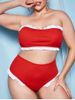 Plus Size 1950s Ruffle Hem Ribbed Bandeau Bikini Set -  
