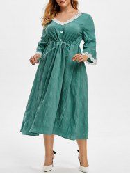 Plus Size Contrast Lace Drawstring Dress -  