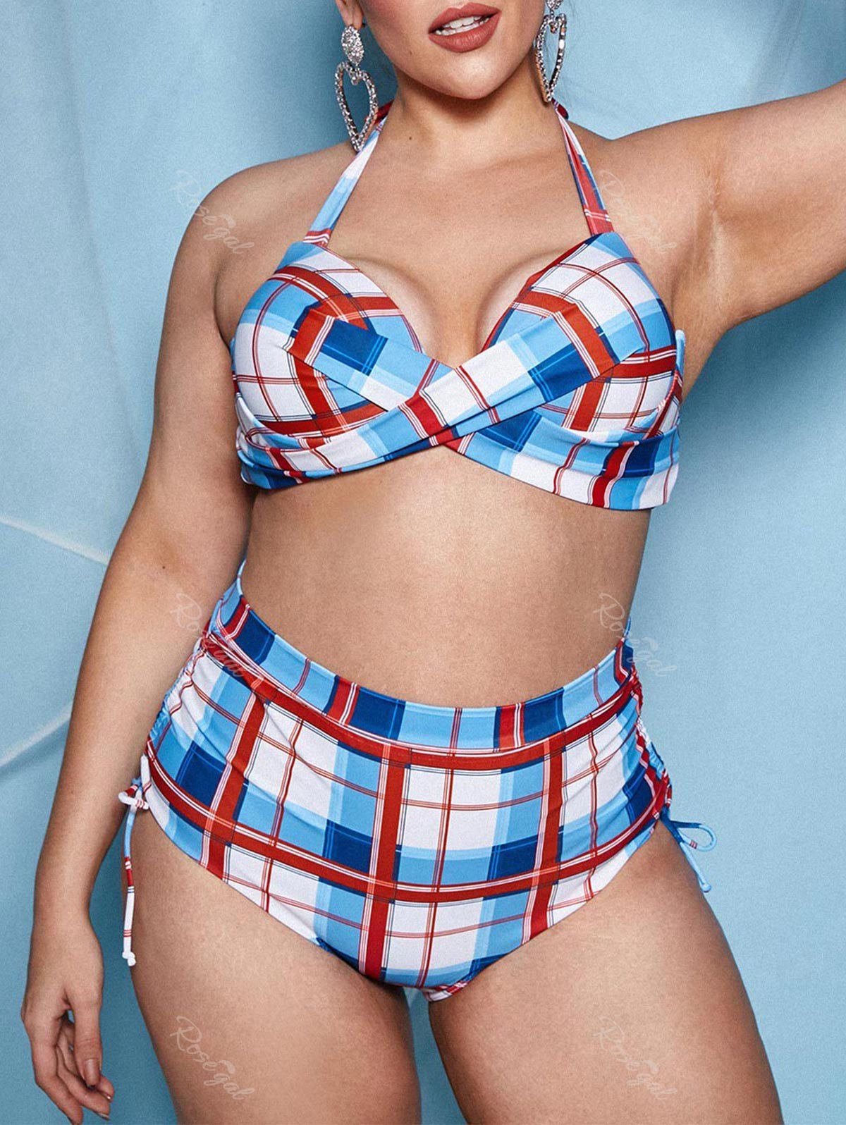 Chic Plus Size 1950s Underwire Cinched Plaid Bikini Swimwear  