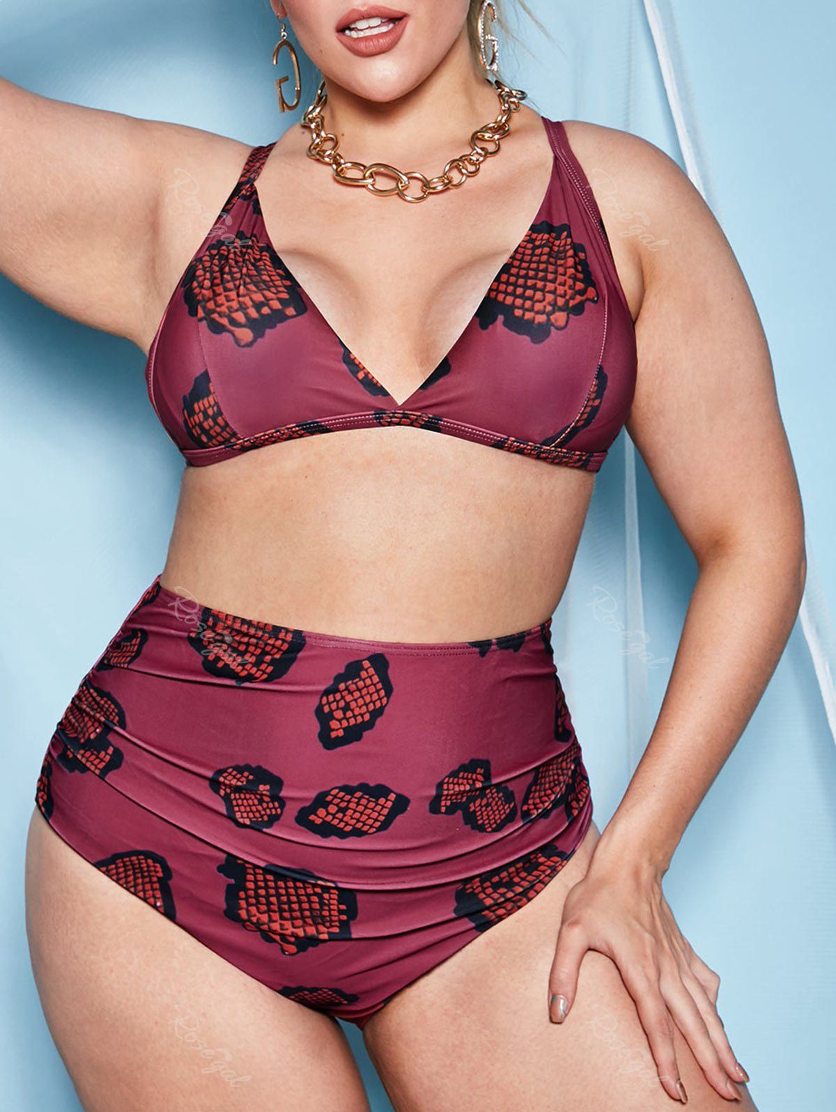 Sale Plus Size Snake Print Ruched Triangular Bikini Swimwear  
