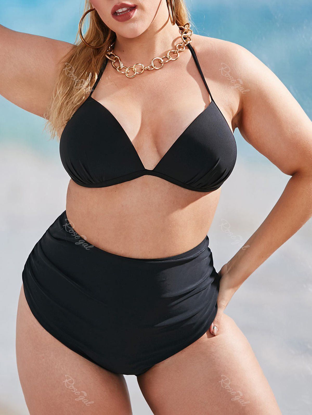 

Plus Size Halter Ruched Moulded Bikini Swimwear, Black