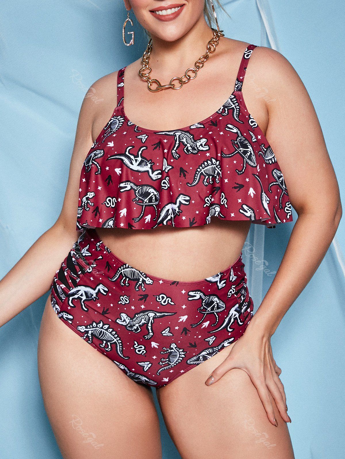 Store Plus Size Dinosaur Print Mesh Panel Crisscross Bikini Swimwear  