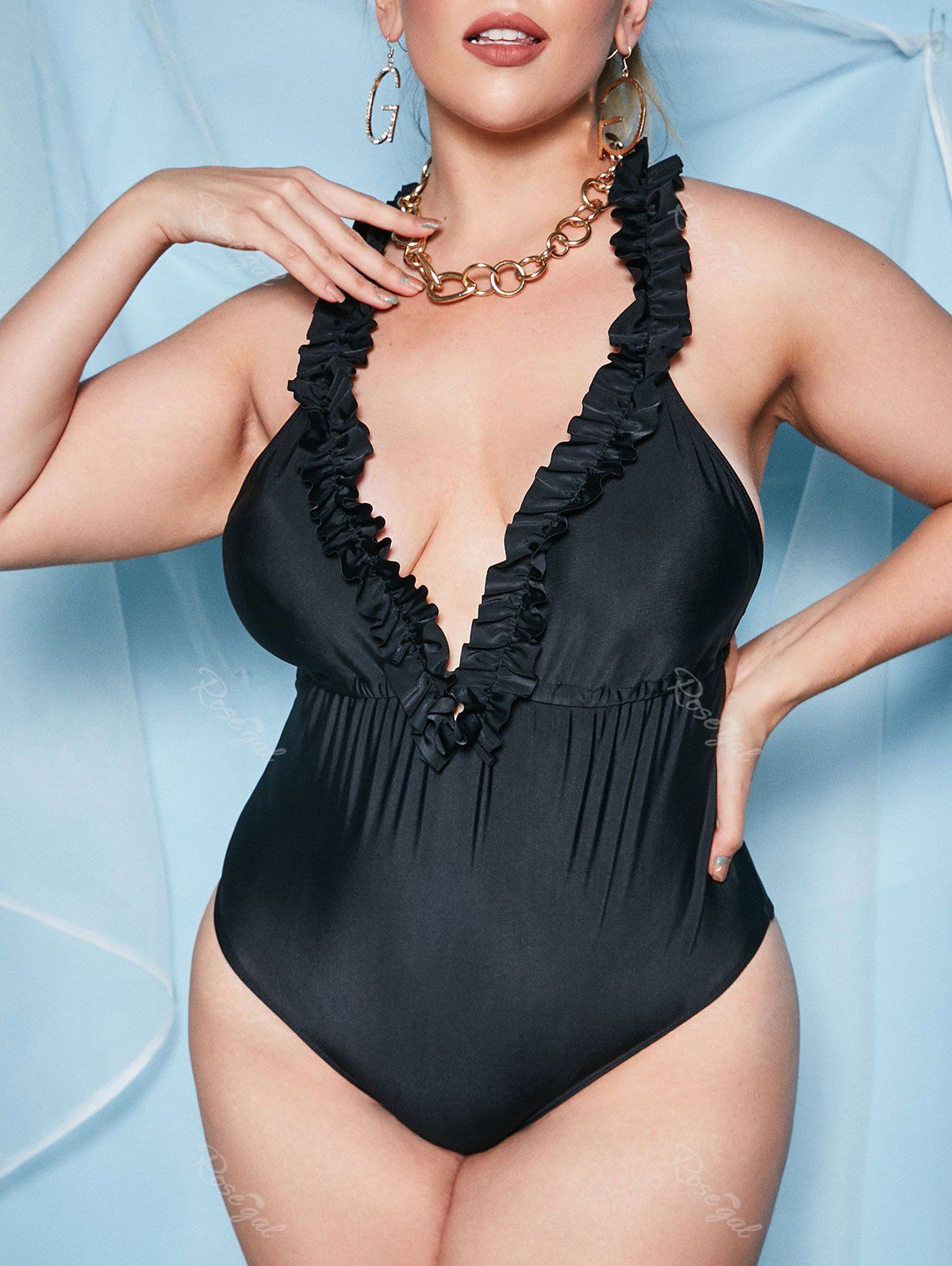 Sale Plus Size 1950s Frilled Open Back Plunge One-piece Swimsuit  