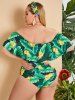 Plus Size Leaf Banana Print Flounce Off Shoulder One-piece Swimsuit -  