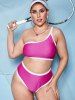 Plus Size Contrast Piping One Shoulder Padded Ribbed Bikini Set -  