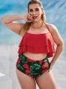 Plus Size Halter Rose Print Layered Flounce Ruched Tummy Control Tankini Swimwear -  