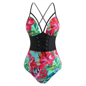 

Floral Leaf Lace-up Moulded Cups Crisscross Back One-piece Swimsuit, Black