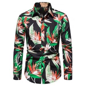 

Flower Leaves Print Long Sleeve Shirt, Black