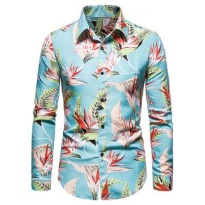 

Flower Leaves Print Long Sleeve Shirt, Robin egg blue