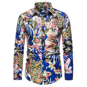 

Tropical Leaves Flower Long Sleeve Print Shirt, Blueberry blue