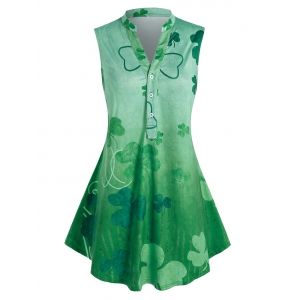 

Plus Size Sleeveless Half Button Leaves Print Blouse, Green