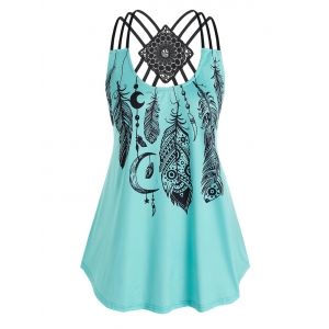 

Plus Size Strappy Feather Print Tank Top, Blue