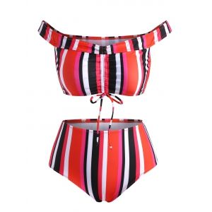 

Off The Shoulder Colorful Striped Cinched Ruched Bikini Swimwear, Red