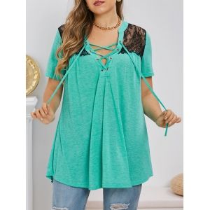 

Plus Size Lace Insert Lace-up Heathered T-shirt, Turquoise
