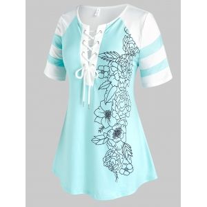 

Plus Size Lace Up Floral Colorblock T Shirt, Multi