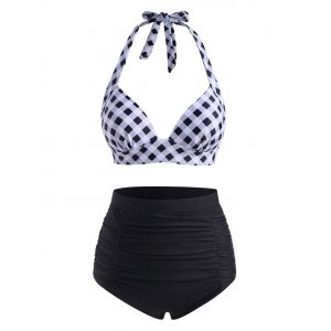

Halter Gingham Moulded Ruched High Waist Bikini Swimwear, Black