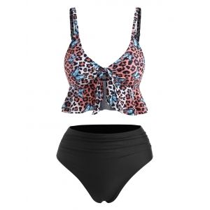 

Leopard Butterfly Print Knot Ruffle Ruched Tankini Swimwear, Black