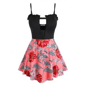 

Plus Size Floral Print Cutout Ruffle Tank Top, Multi