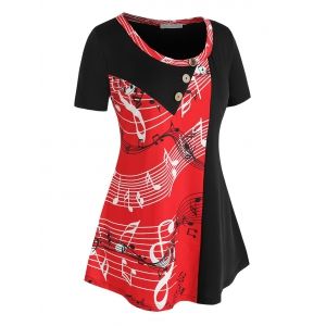 

Plus Size Colorblock Note Printed Asymmetric T Shirt, Black