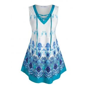 

Plus Size Floral Paisley Print Lace-up Tunic Tank Top, Light blue