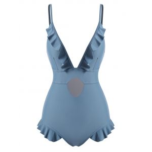 

Plunge Ruffle Keyhole Cutout One-piece Swimsuit, Light blue