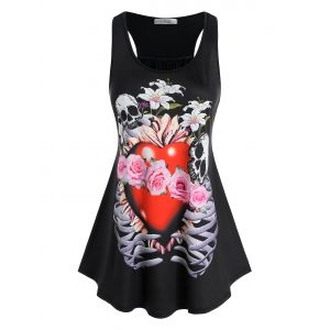 

Plus Size Skull Heart Printed Racerback Tank Top, Black