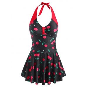 

Halter Cherry Print Skirted Boyshorts Tankini Swimwear, Black