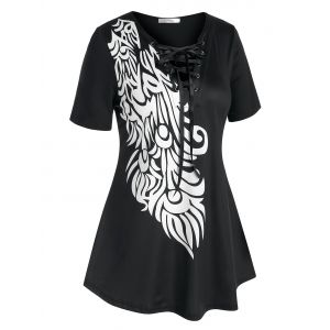 

Plus Size Colorblock Printed Lace Up T Shirt, Black