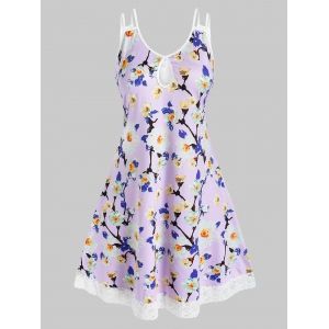 

Plus Size Keyhole Lace Flower Printed Dress, Light purple