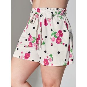

Plus Size Floral Print Belted Paperbag Shorts, White