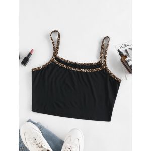 

Contrast Leopard Piping Plus Size Cropped Cami Top, Black